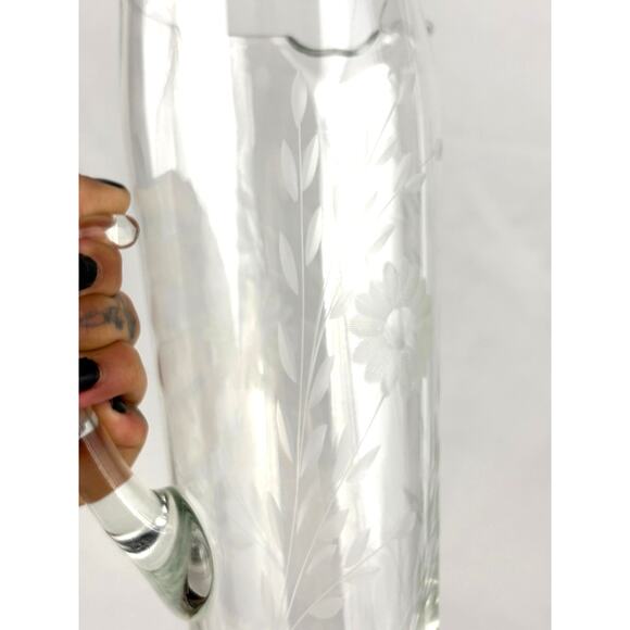 Vintage Mid Century Modern Floral Etched Tall Glass Pitcher 9" Hand Blown - Picture 11 of 13